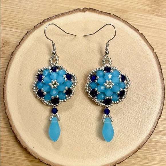 Blue and Silver Floral Beaded Earrings - Picture 2 of 2